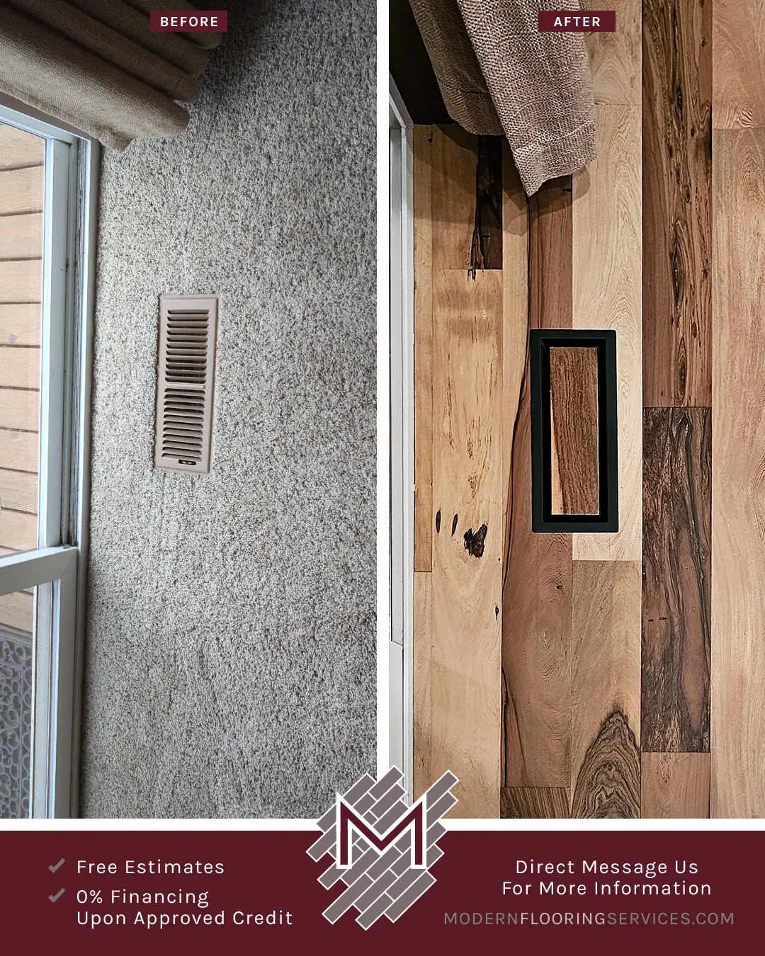Before and After. Brazilian Pecan Natural Solid Hardwood Flooring Installation By Modern Flooring Services.