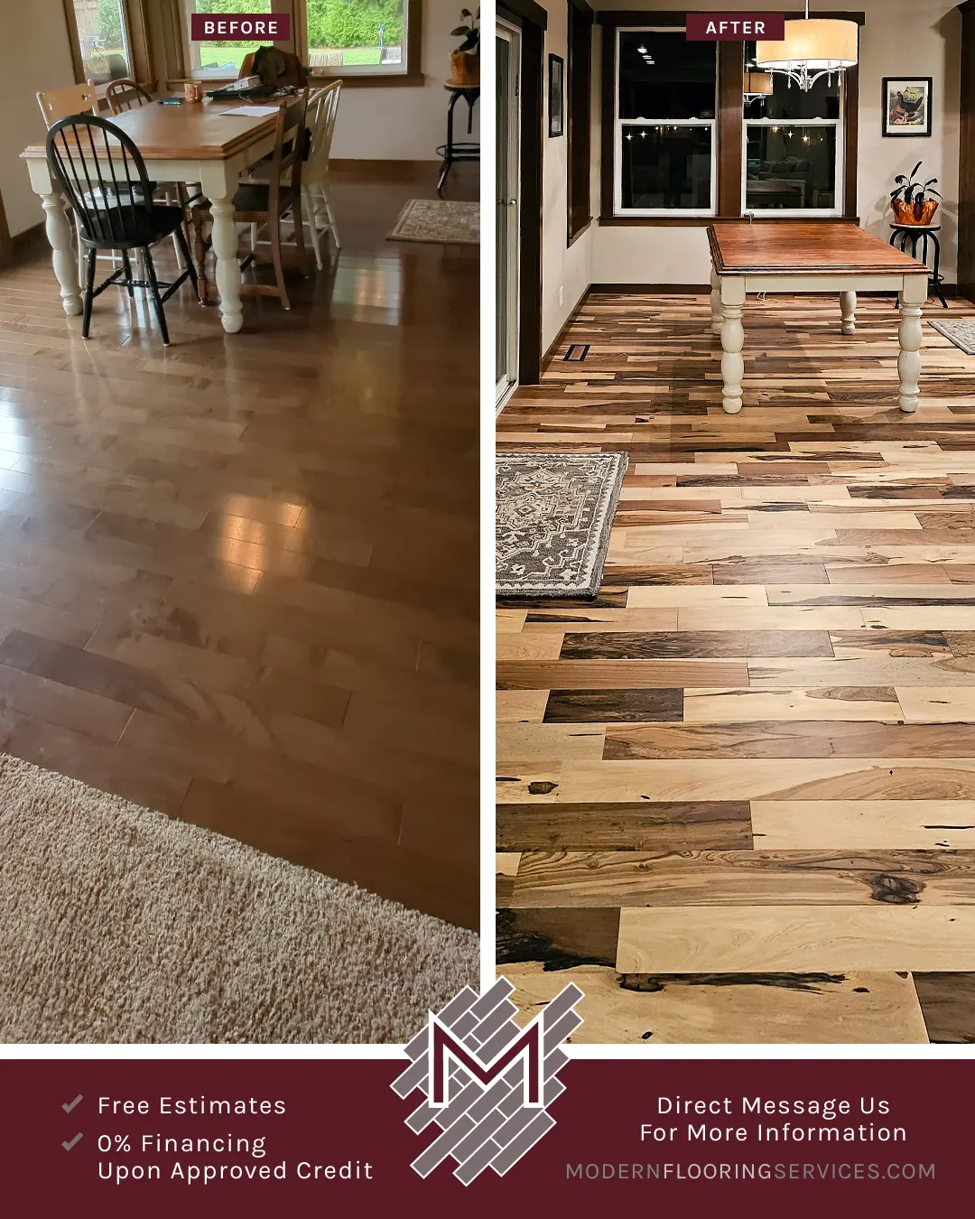 Before and After. Brazilian Pecan Natural Solid Hardwood Flooring Installation By Modern Flooring Services.