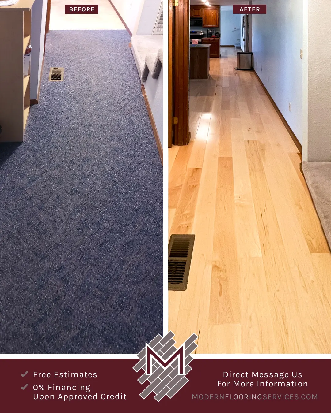 Before and After. Bellawood Engineered Select Maple Engineered Hardwood Flooring Installation.