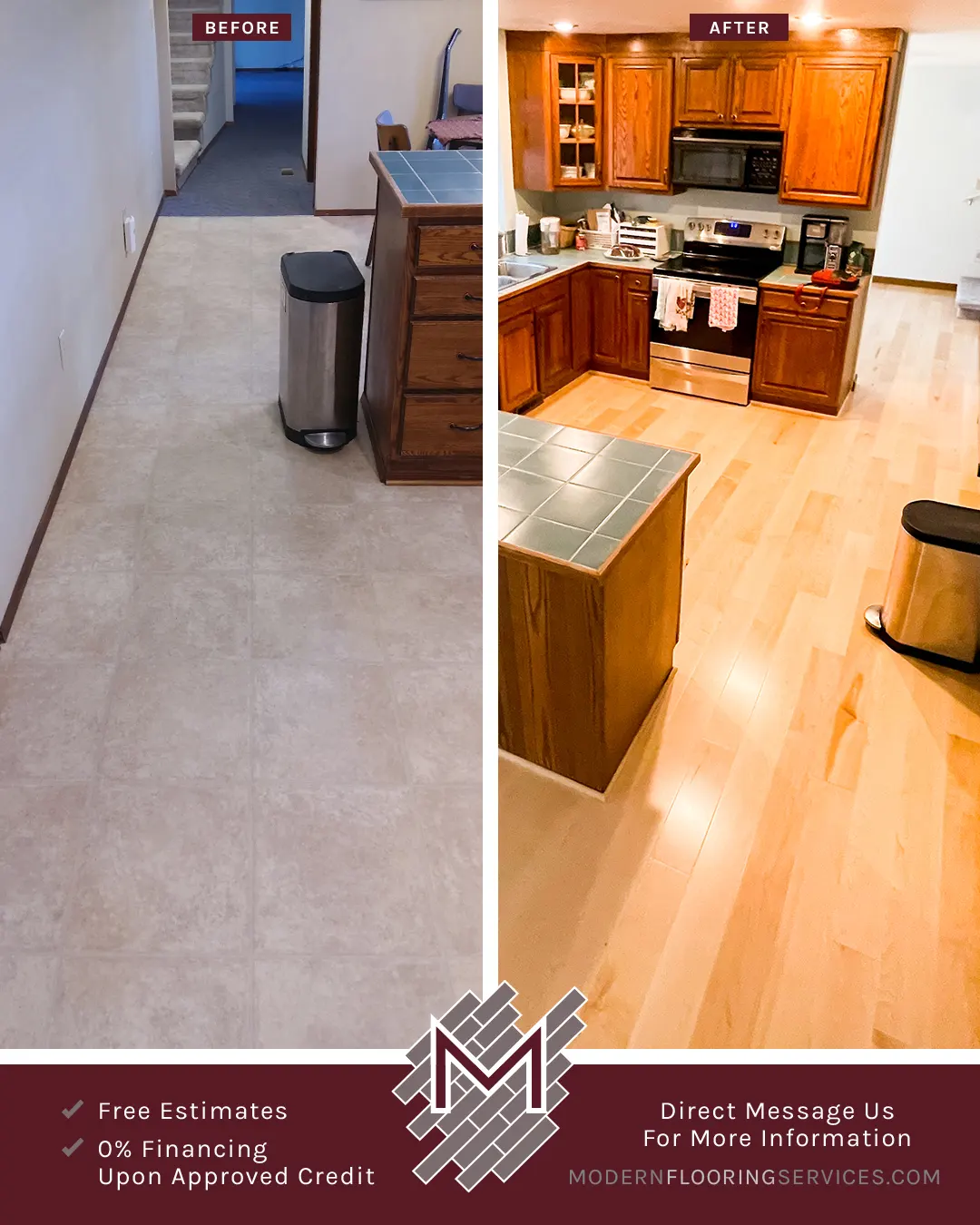 Before and After. Bellawood Engineered Select Maple Engineered Hardwood Flooring Installation.