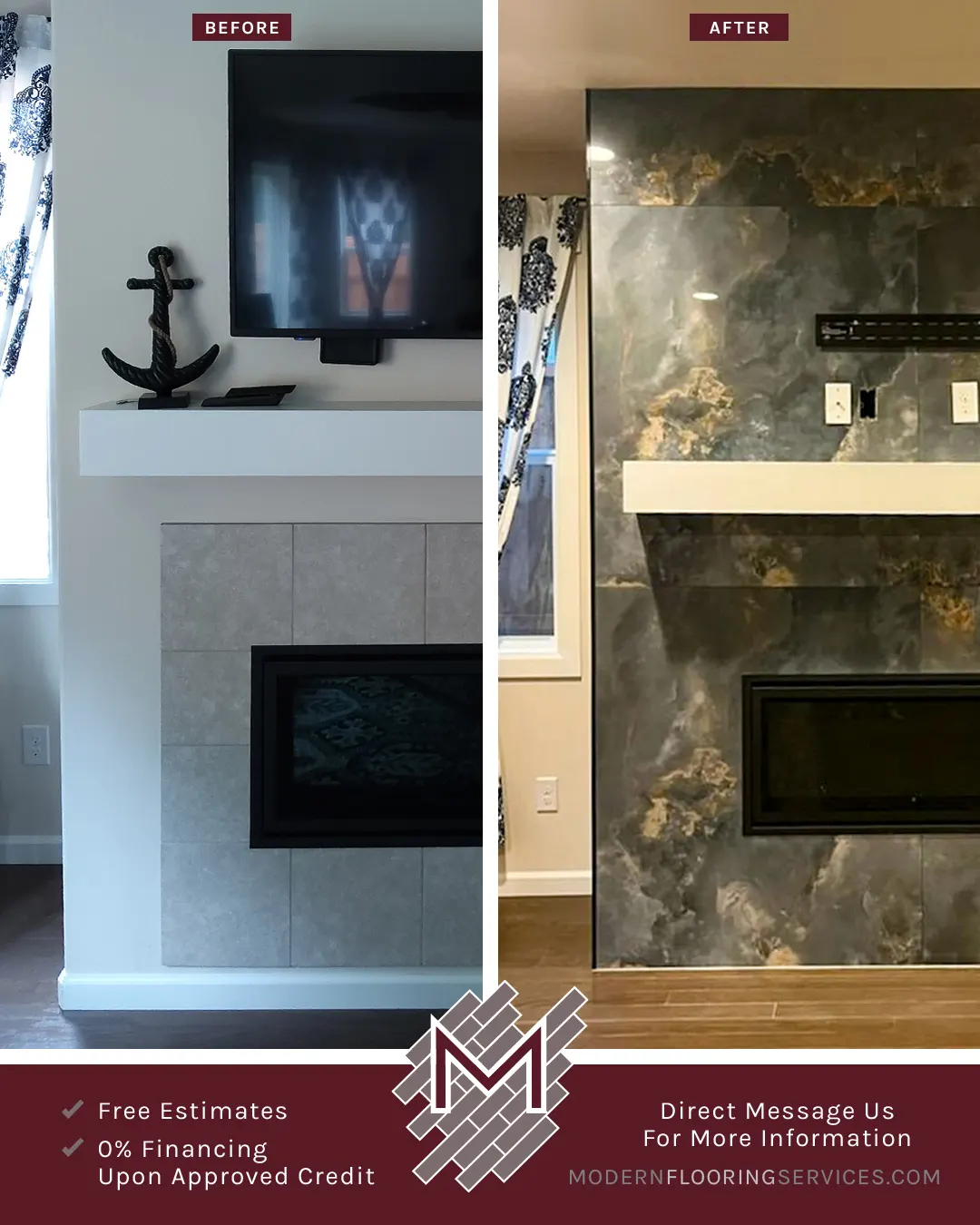 Before and After. Large Format Plank Tile Fireplace Installation Makeover.