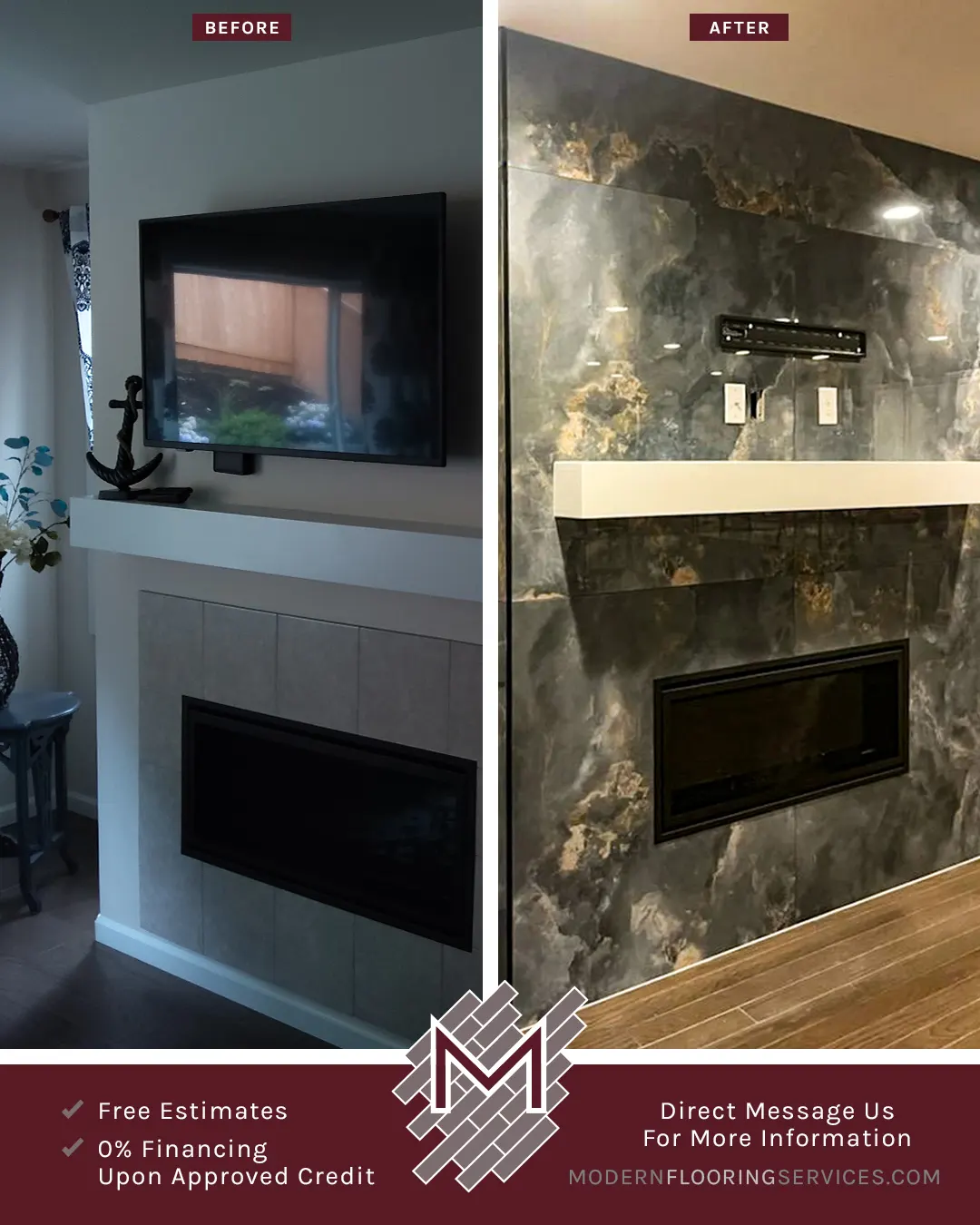 Before and After. Large Format Plank Tile Fireplace Installation Makeover.