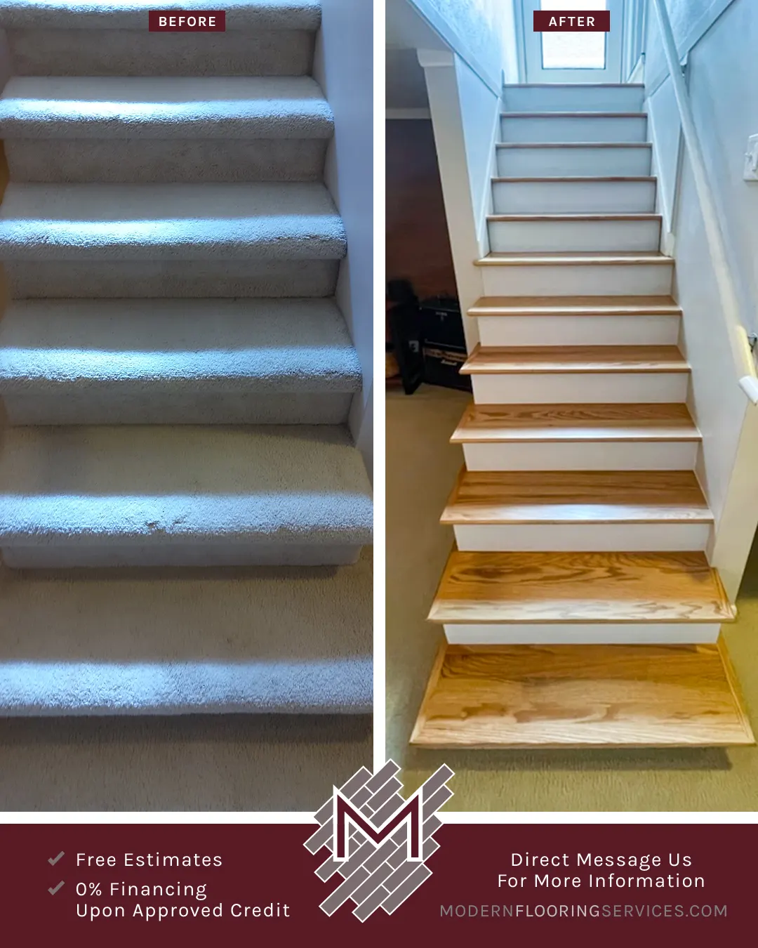 Before and After. Bellawood Select Red Oak Solid Hardwood Stairs Flooring Installation.