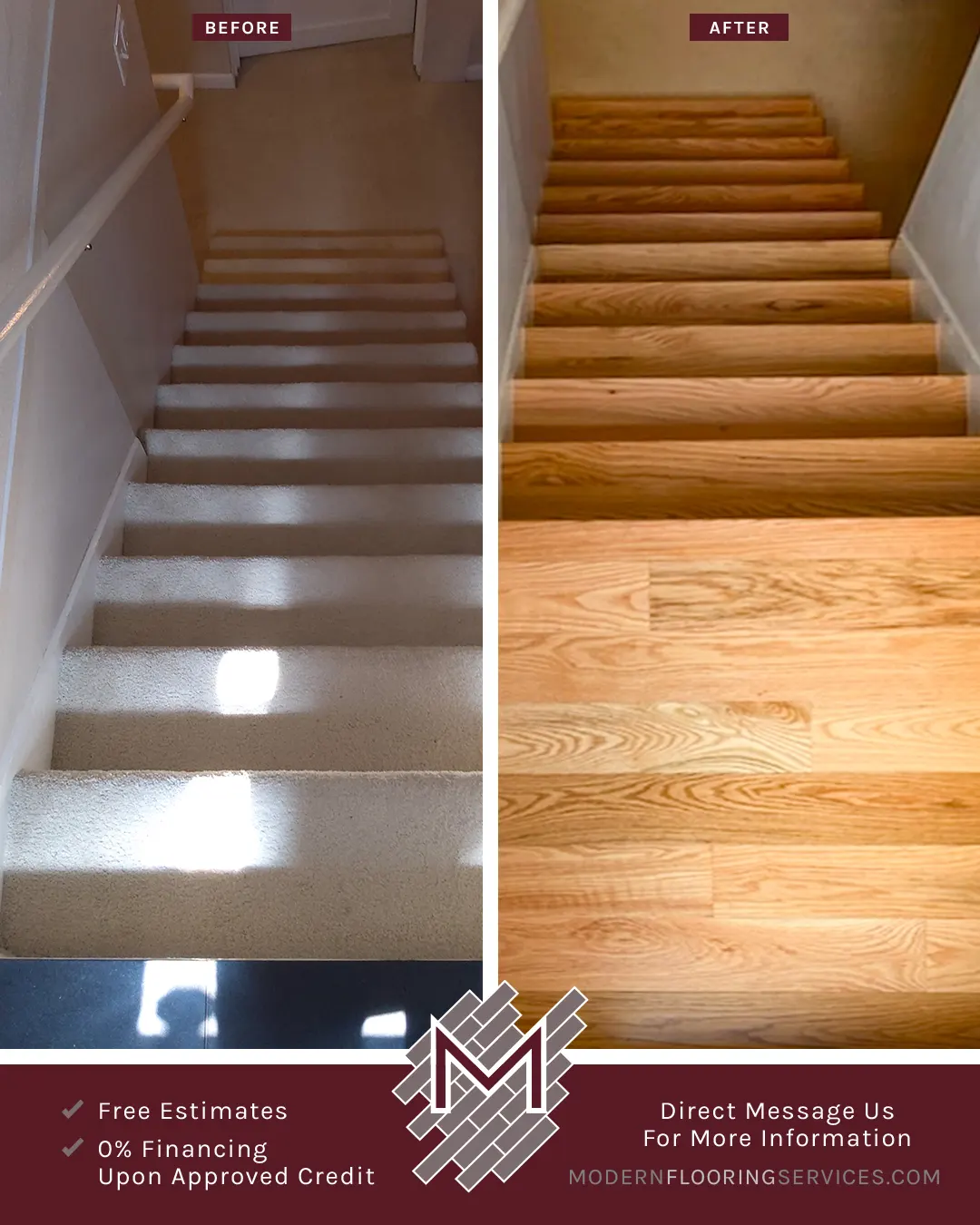 Before and After. Bellawood Select Red Oak Solid Hardwood Stairs Flooring Installation.