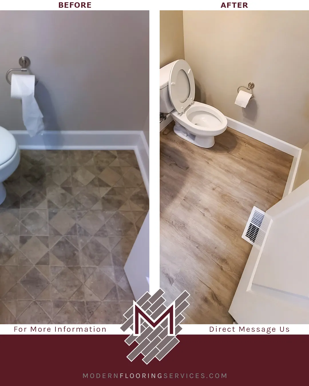 Before and After. Luxury Vinyl Plank Flooring Installation.