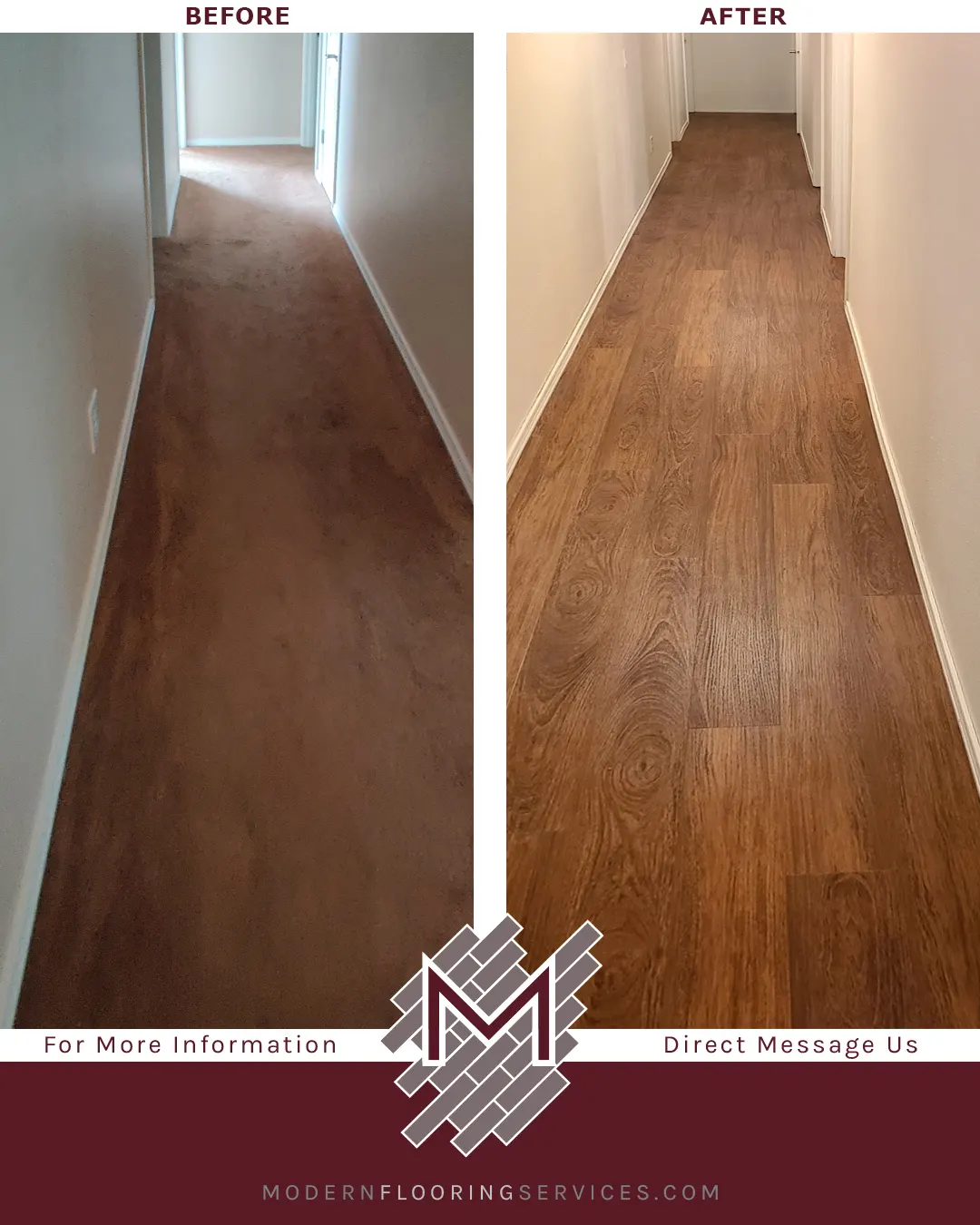 Before and After. Brazilian Cherry Waterproof Rigid Vinyl Plank Flooring Installation.