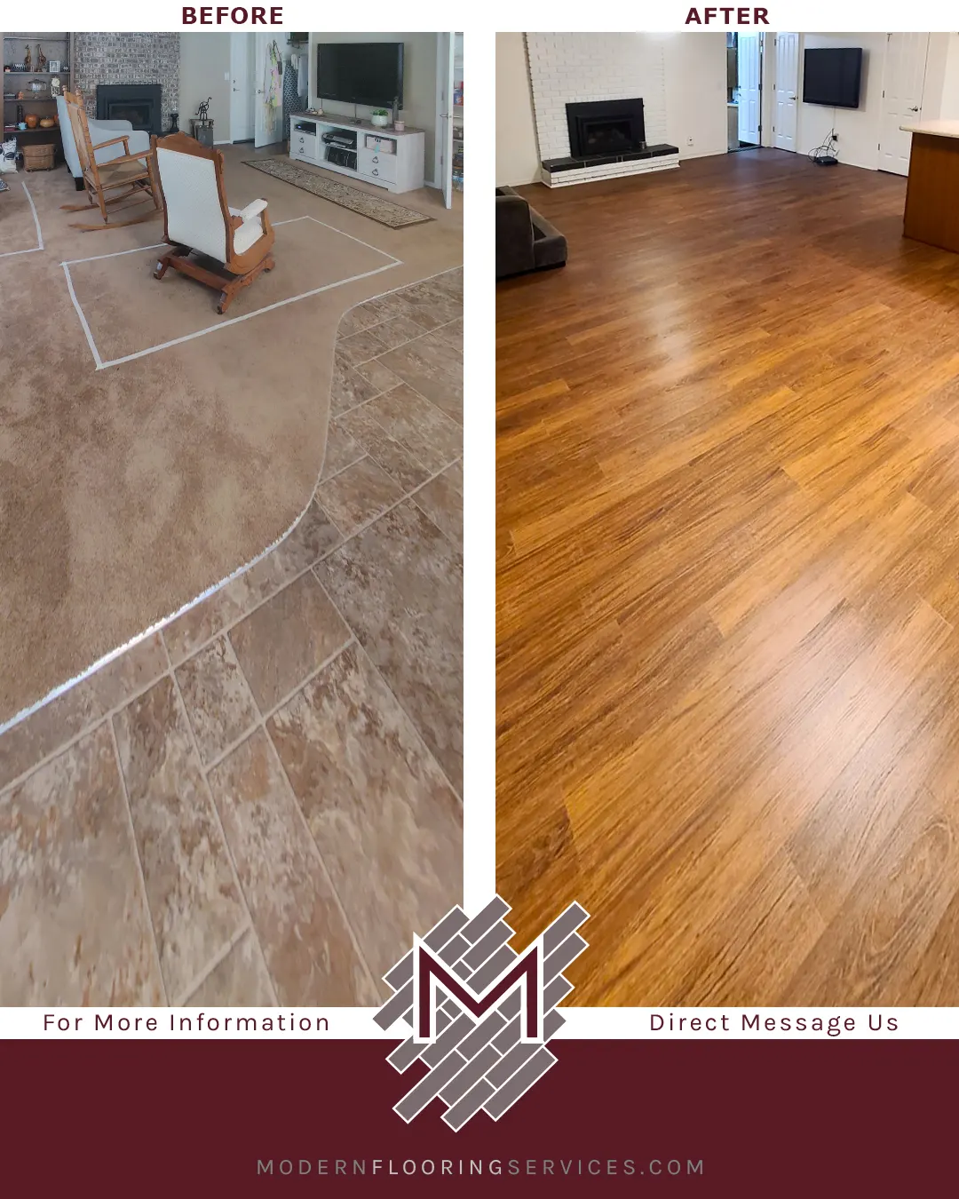 Before and After. Brazilian Cherry Waterproof Rigid Vinyl Plank Flooring Installation.