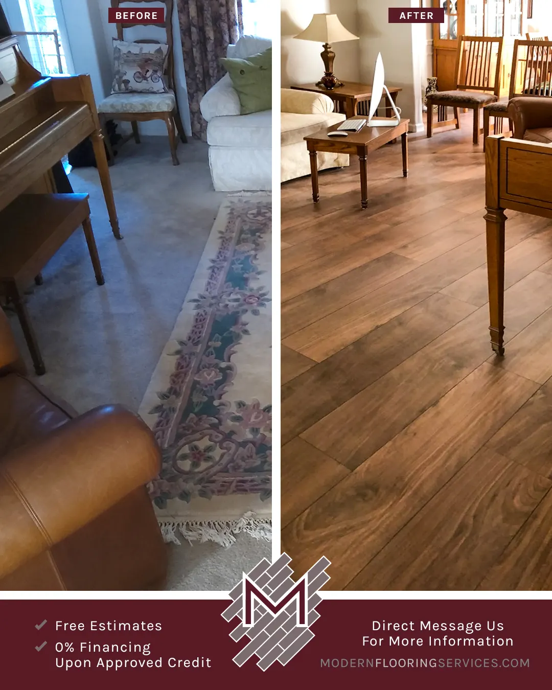 Living Room - Before and After. New Vinyl Flooring Installation.