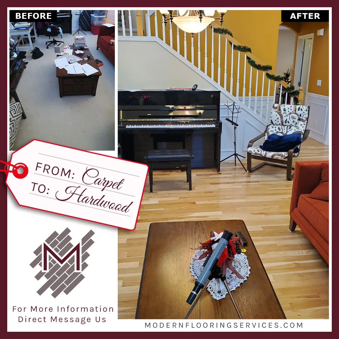 Before and After. Flooring installation going from carpet to hardwood.