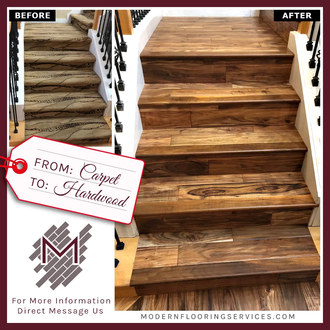 Before and After. Flooring installation going from carpet to hardwood.