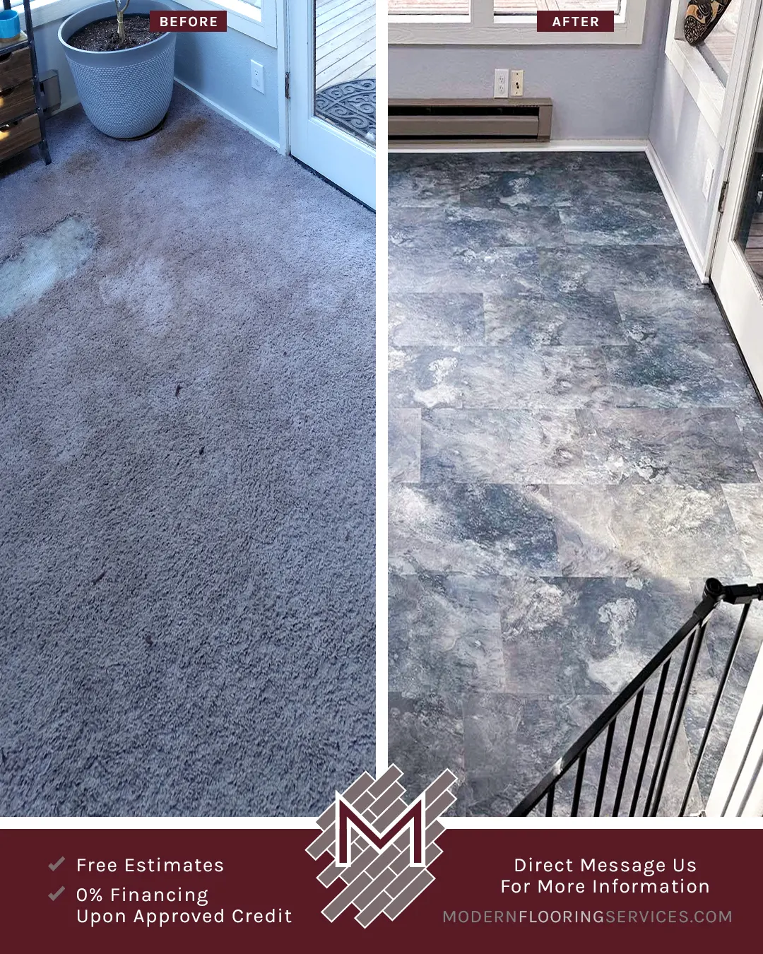 Before and After. CoreLuxe XD Sierra Blue Slate Waterproof Rigid Vinyl Tile Flooring Installation.