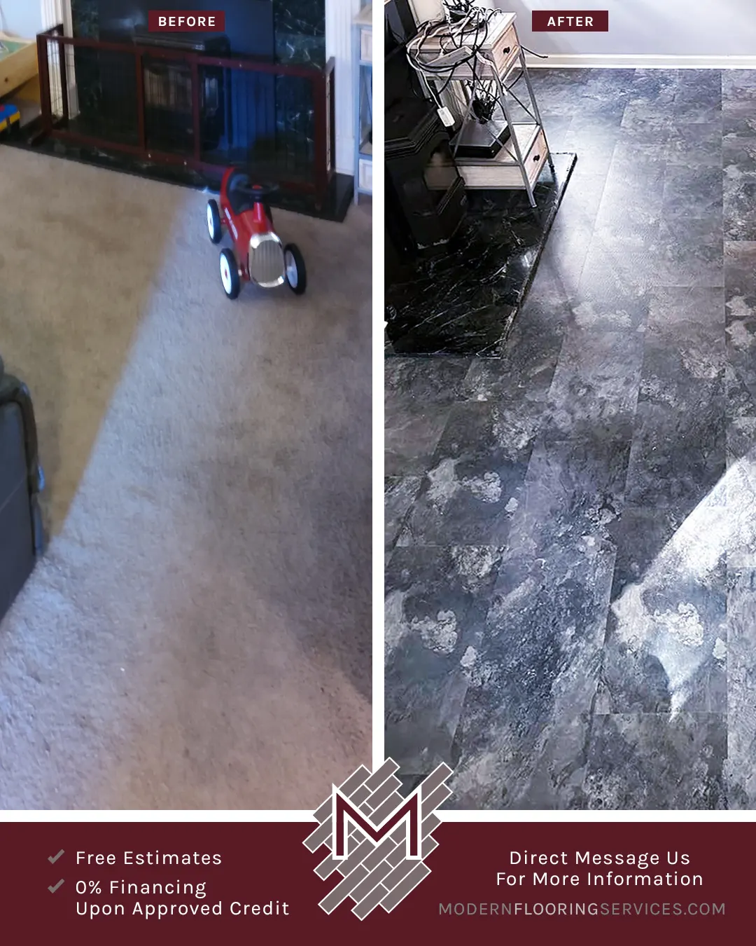 Before and After. CoreLuxe XD Sierra Blue Slate Waterproof Rigid Vinyl Tile Flooring Installation.