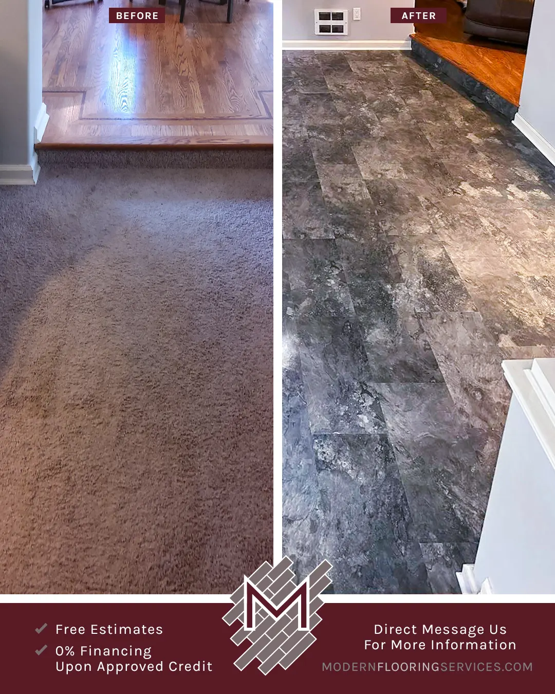 Before and After. CoreLuxe XD Sierra Blue Slate Waterproof Rigid Vinyl Tile Flooring Installation.