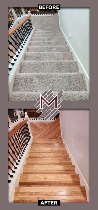 Before and after picture showing the old carpet stairs and the new red oak stairs installed. New flooring installation by Modern Flooring Services