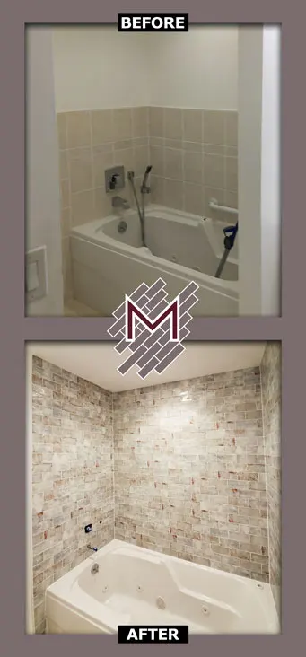 Before and after picture showing the old wall tile and the new wall tile. New flooring installation by Modern Flooring Services