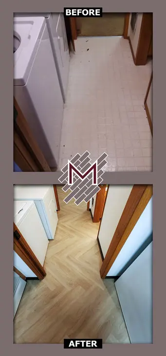 Before and after picture showing the old flooring and the new flooring installed. New flooring installation by Modern Flooring Services.