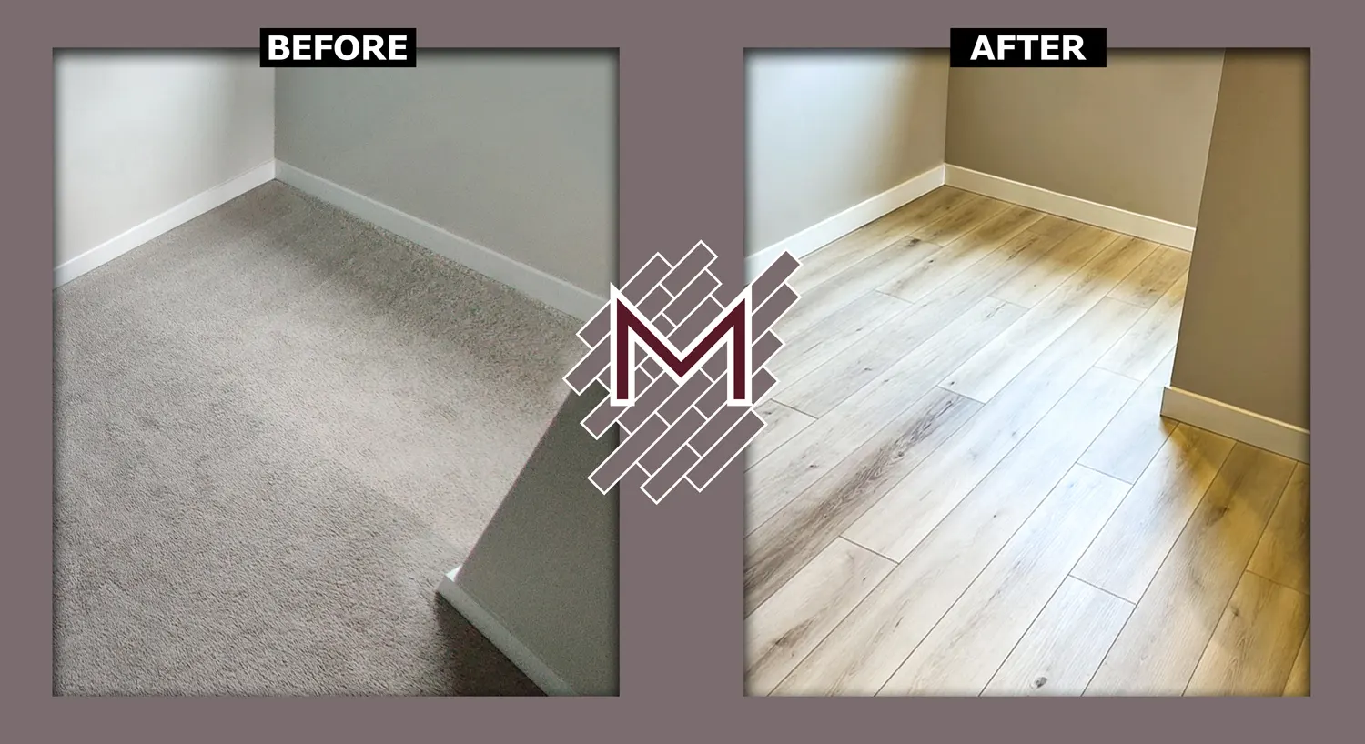 Before and after picture showing the old carpet flooring and new flooring installed. New flooring installation by Modern Flooring Services.