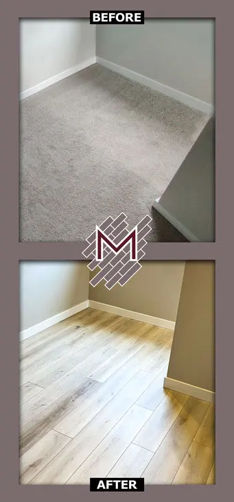 Before and after picture showing the old carpet flooring and new flooring installed. New flooring installation by Modern Flooring Services.
