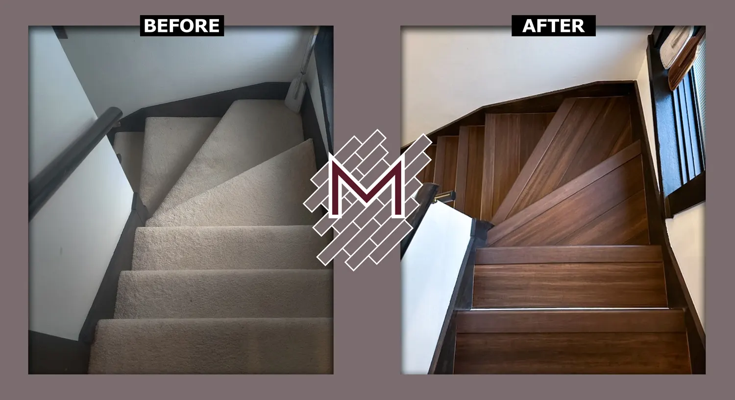 Before and after picture showing the old carpet flooring and new flooring installed. New flooring installation by Modern Flooring Services.