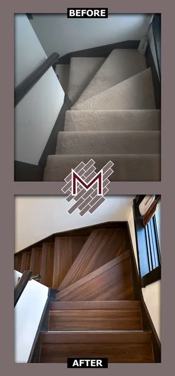 Before and after picture showing the old carpet flooring and new flooring installed. New flooring installation by Modern Flooring Services.