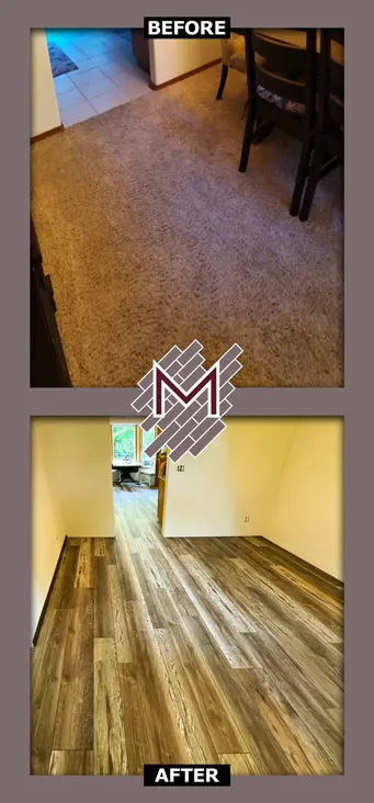 Before and after picture showing the old carpet flooring and new vinyl flooring installed. New flooring installation by Modern Flooring Services.