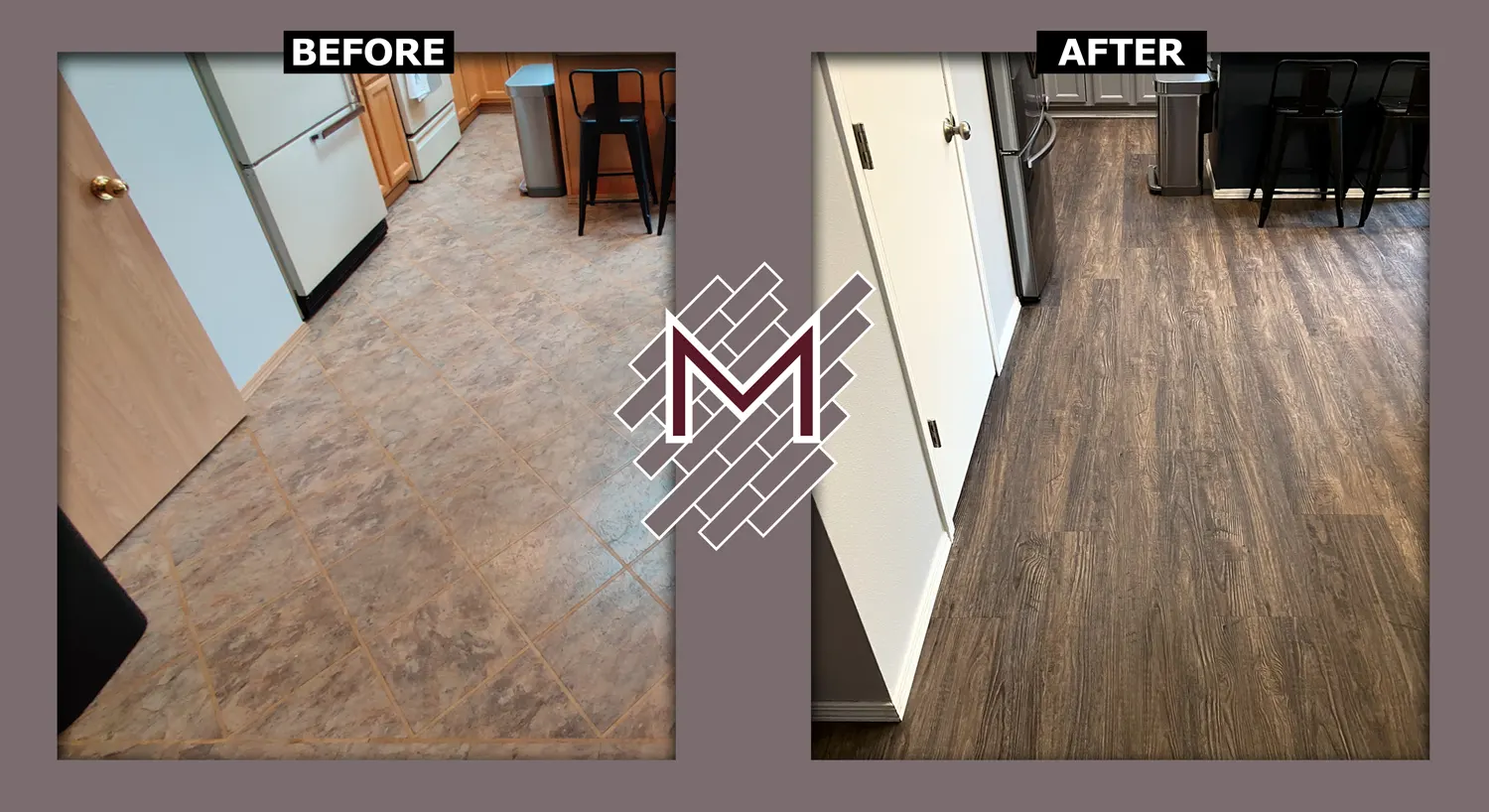 Before and after picture showing the old floor and the new floor. New flooring installation by Modern Flooring Services