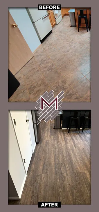 Before and after picture showing the old floor and the new floor. New flooring installation by Modern Flooring Services