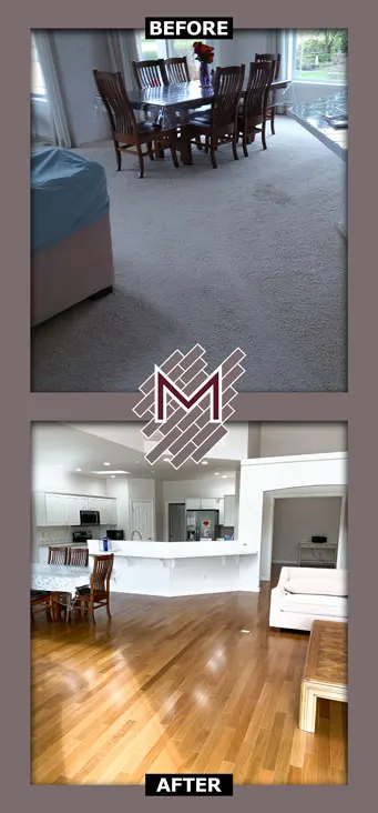 Before and after picture showing the old floor and the new floor. New flooring installation by Modern Flooring Services