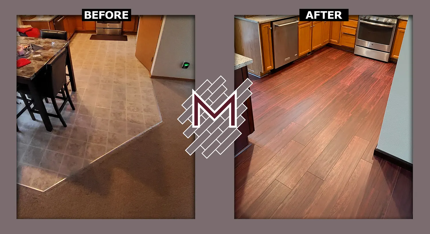 Before and after picture showing the old floor and the new floor. New flooring installation by Modern Flooring Services