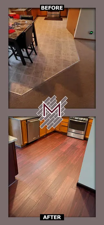 Before and after picture showing the old floor and the new floor. New flooring installation by Modern Flooring Services