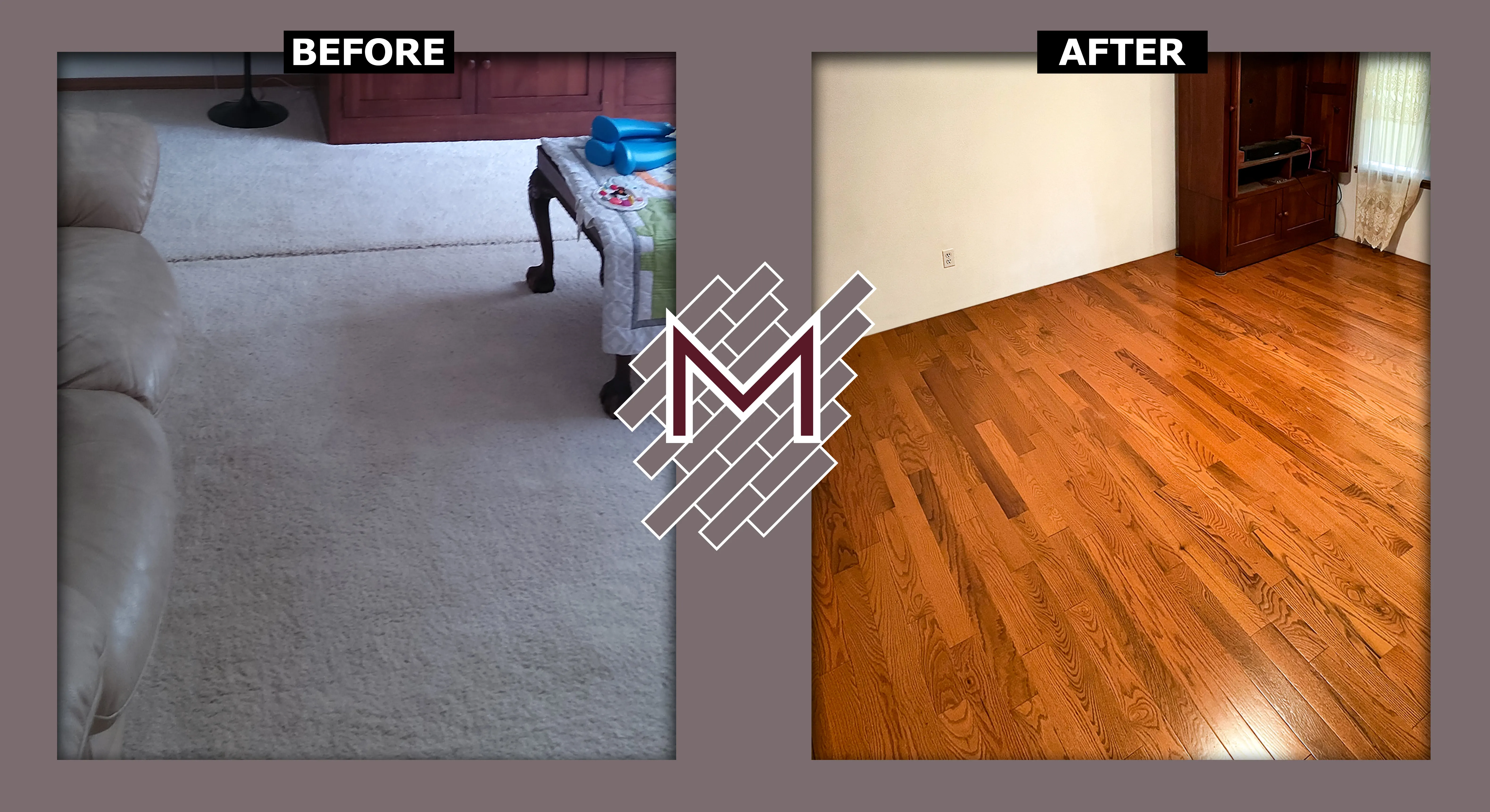 Before and after picture showing the old floor and the new floor. New flooring installation by Modern Flooring Services