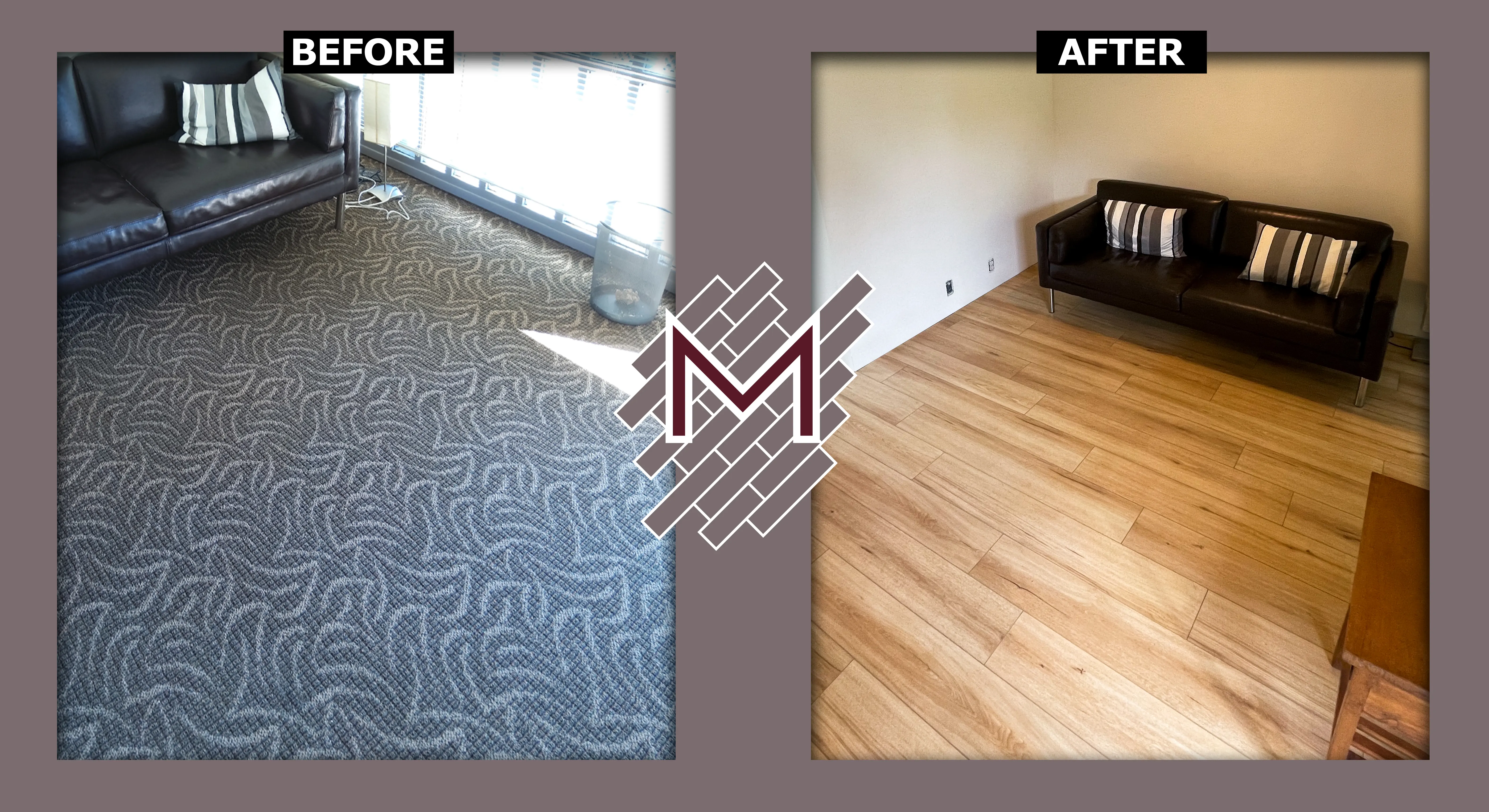Before and after picture showing the old floor and the new floor. New flooring installation by Modern Flooring Services