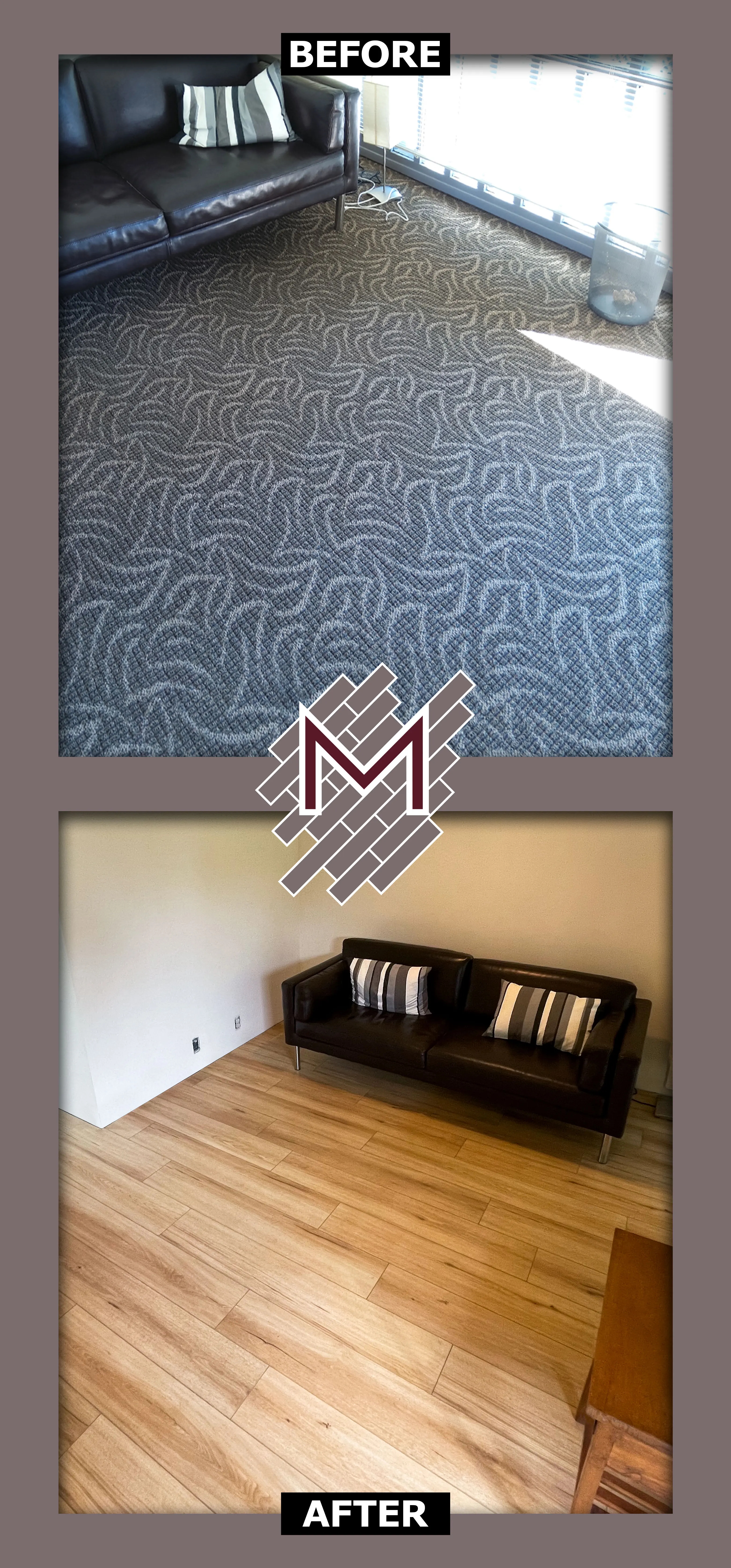 Before and after picture showing the old floor and the new floor. New flooring installation by Modern Flooring Services