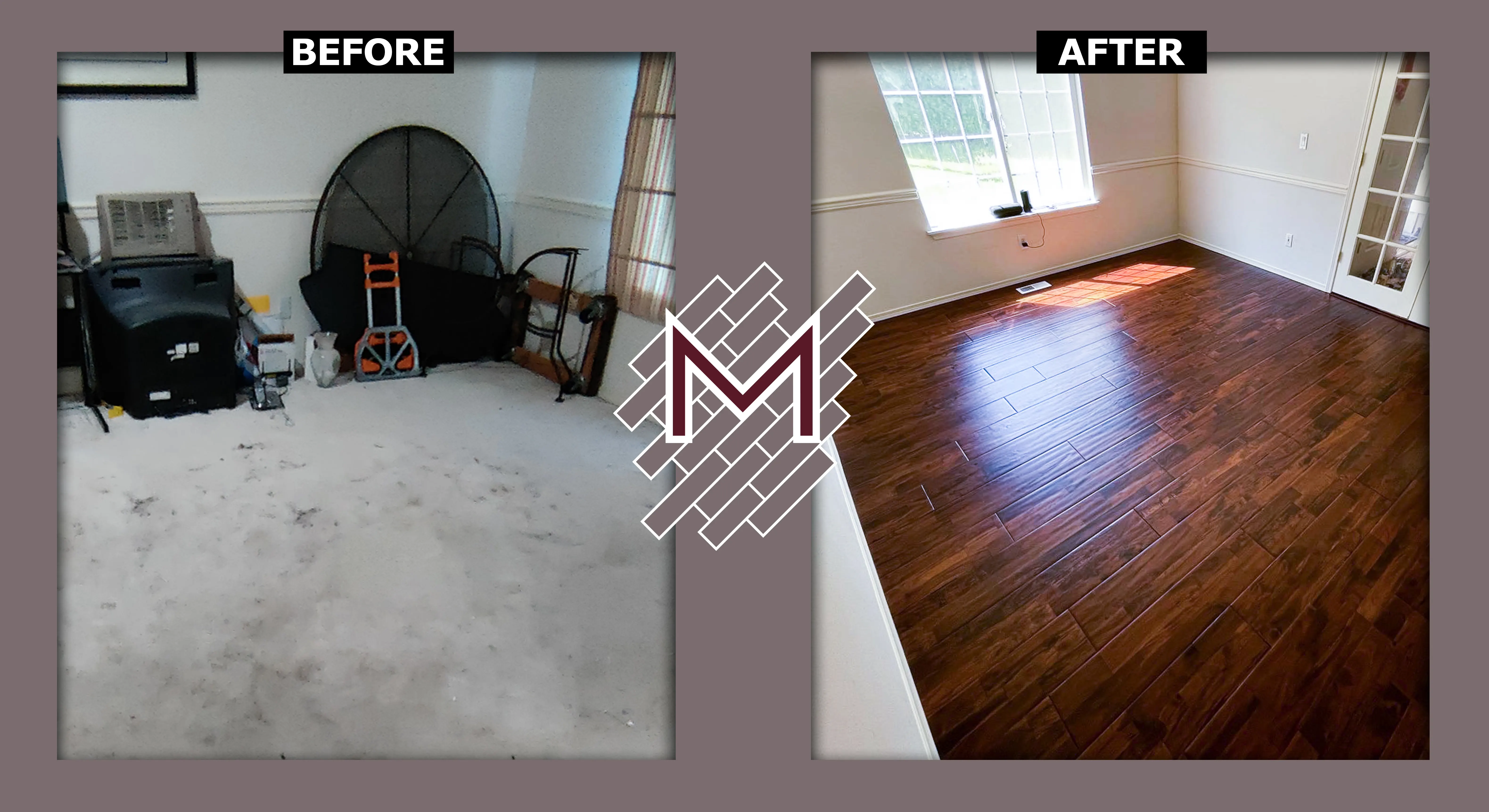Before and after picture showing the old floor and the new floor. New flooring installation by Modern Flooring Services