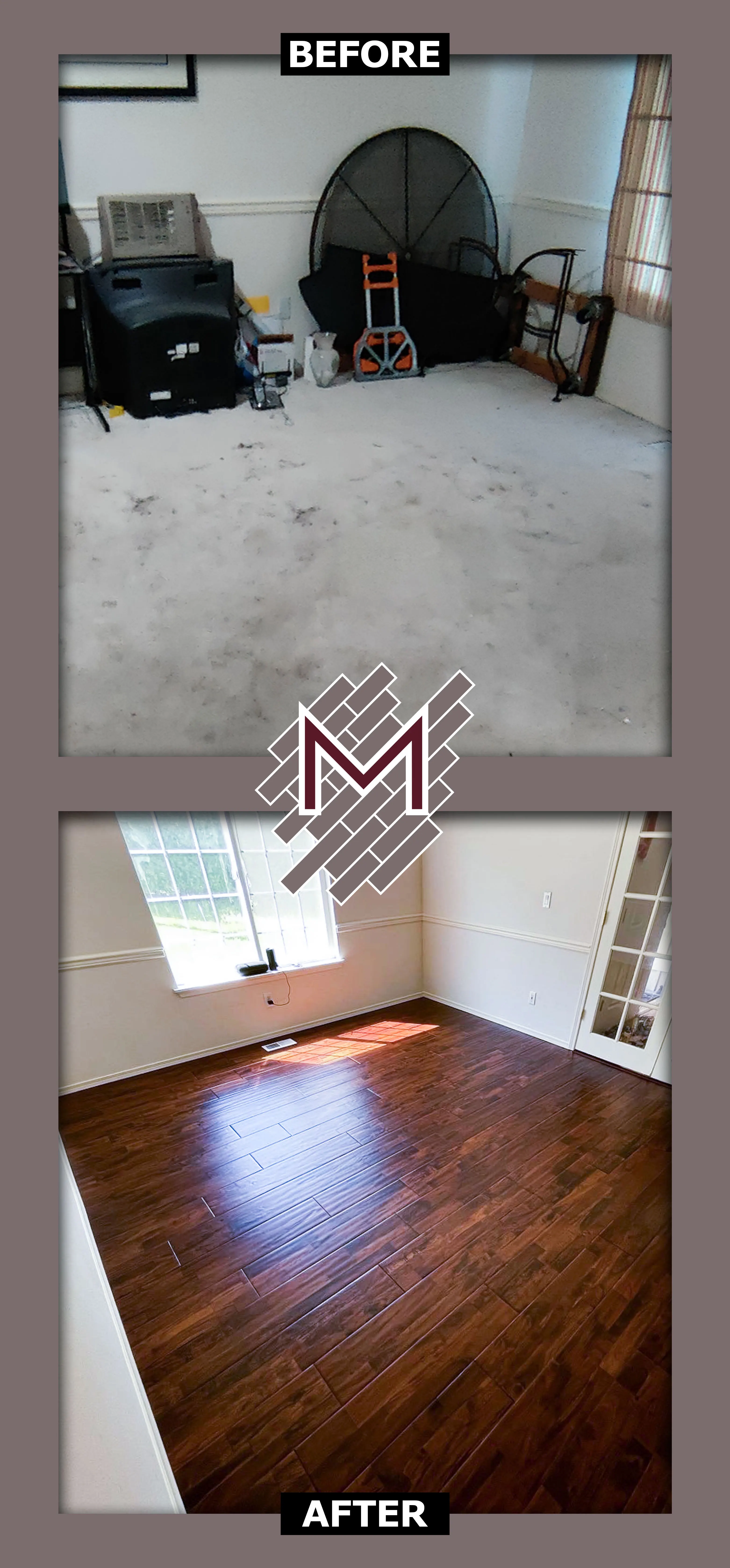 Before and after picture showing the old floor and the new floor. New flooring installation by Modern Flooring Services